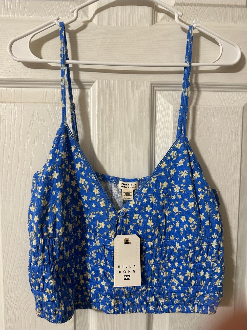 Billabong Blue and White Floral Smocked Cropped Tank